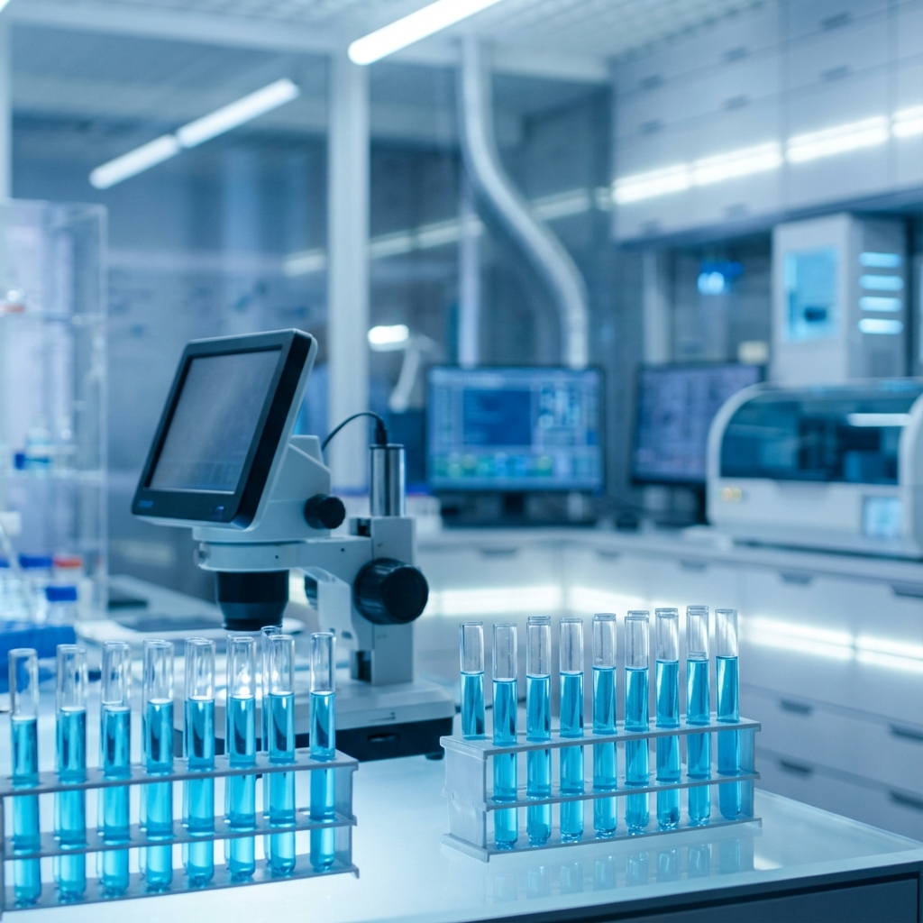 Close up of medical equipment, microscope and test tubes in a clean blue laboratory, professional bokeh, high tech, no people